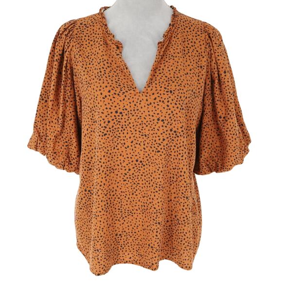 Ann Taylor Top Womens Medium Orange Rust Animal Print Blouse Puff Sleeves Linen - Picture 1 of 12